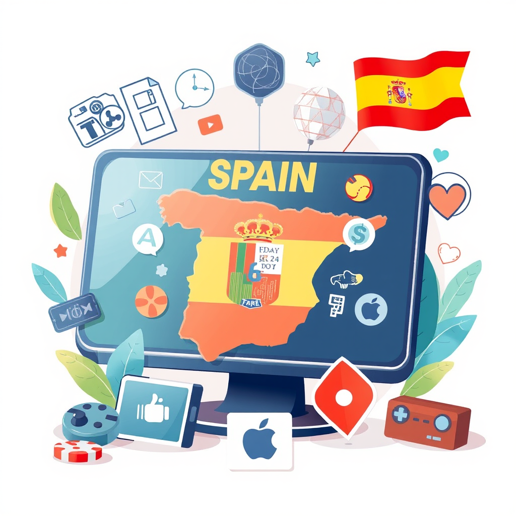 Ilustración representativa del entretenimiento digital en España mostrando elementos gráficos modernos, iconos de juegos online y símbolos de plataformas digitales seguras
