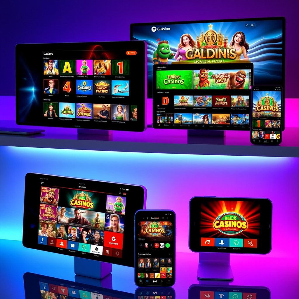 Imagen de múltiples plataformas de entretenimiento digital en España mostrando interfaces de juegos online, casinos con licencia y aplicaciones móviles en pantallas modernas con colores vibrantes