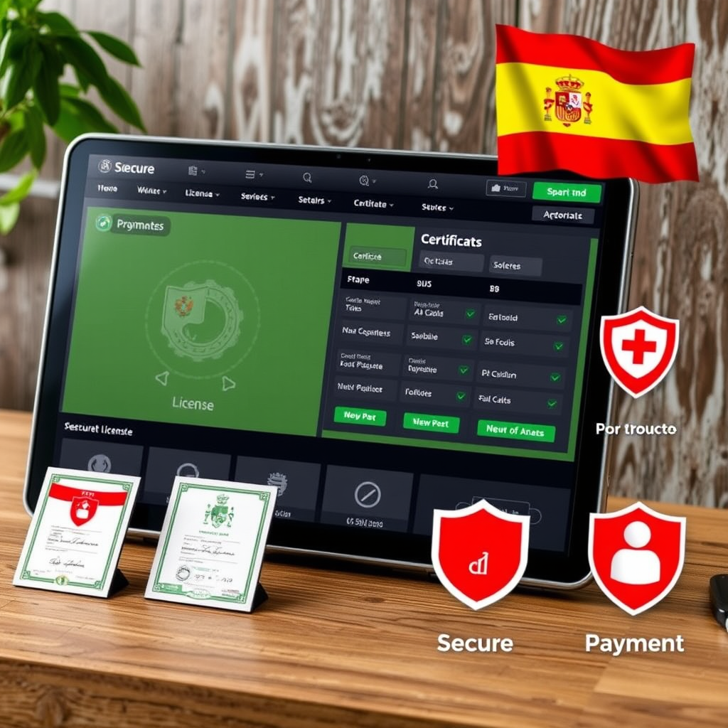Imagen de una plataforma de apuestas deportivas segura mostrando certificados de licencia, métodos de pago seguros y símbolos de protección al usuario en España