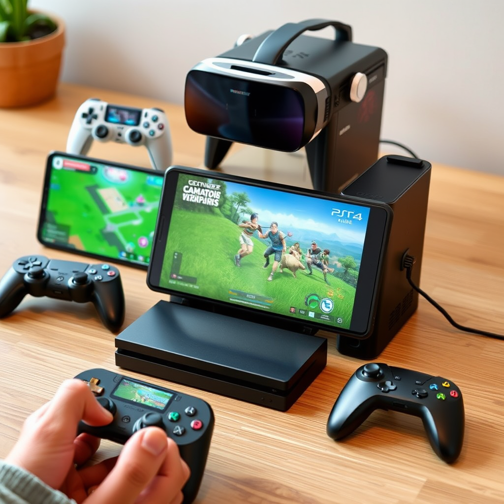 Imagen representativa de las últimas tendencias en gaming digital en España, mostrando dispositivos móviles, consolas y tecnología de realidad virtual