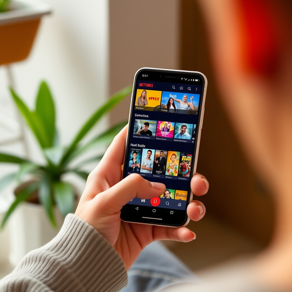 Persona usando smartphone para acceder a plataformas de entretenimiento digital con interfaz optimizada y colorida