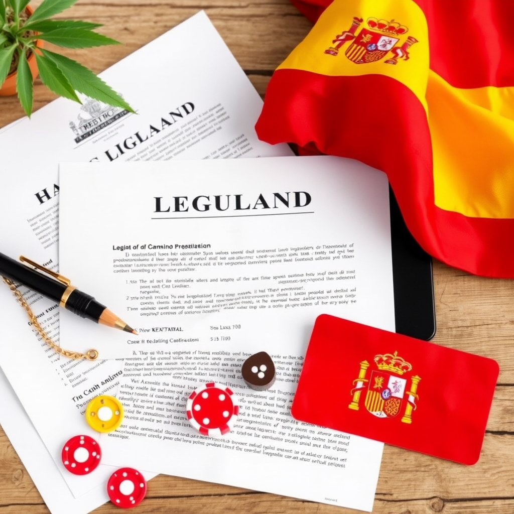 Imagen representativa de la regulación del juego online en España mostrando documentos legales, símbolos de casinos digitales y la bandera española