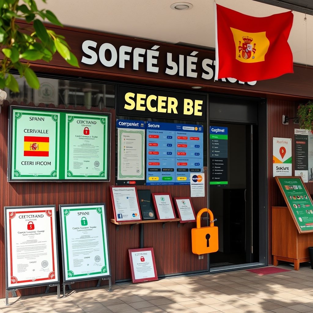 Imagen de una casa de apuestas deportivas segura mostrando certificados de licencia española, métodos de pago seguros, interfaz de usuario confiable y símbolos de seguridad digital