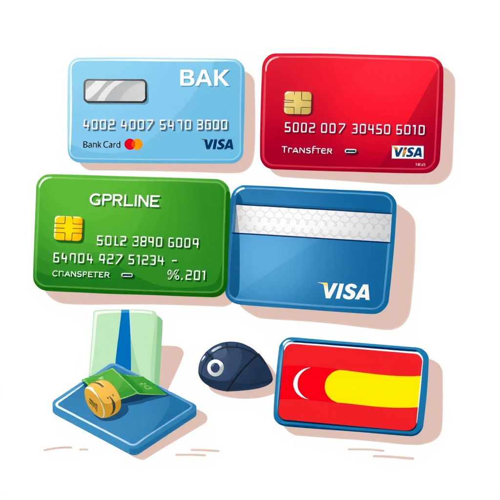 Ilustración de diversos métodos de pago seguros incluyendo tarjetas bancarias, transferencias y billeteras digitales disponibles en casas de apuestas españolas