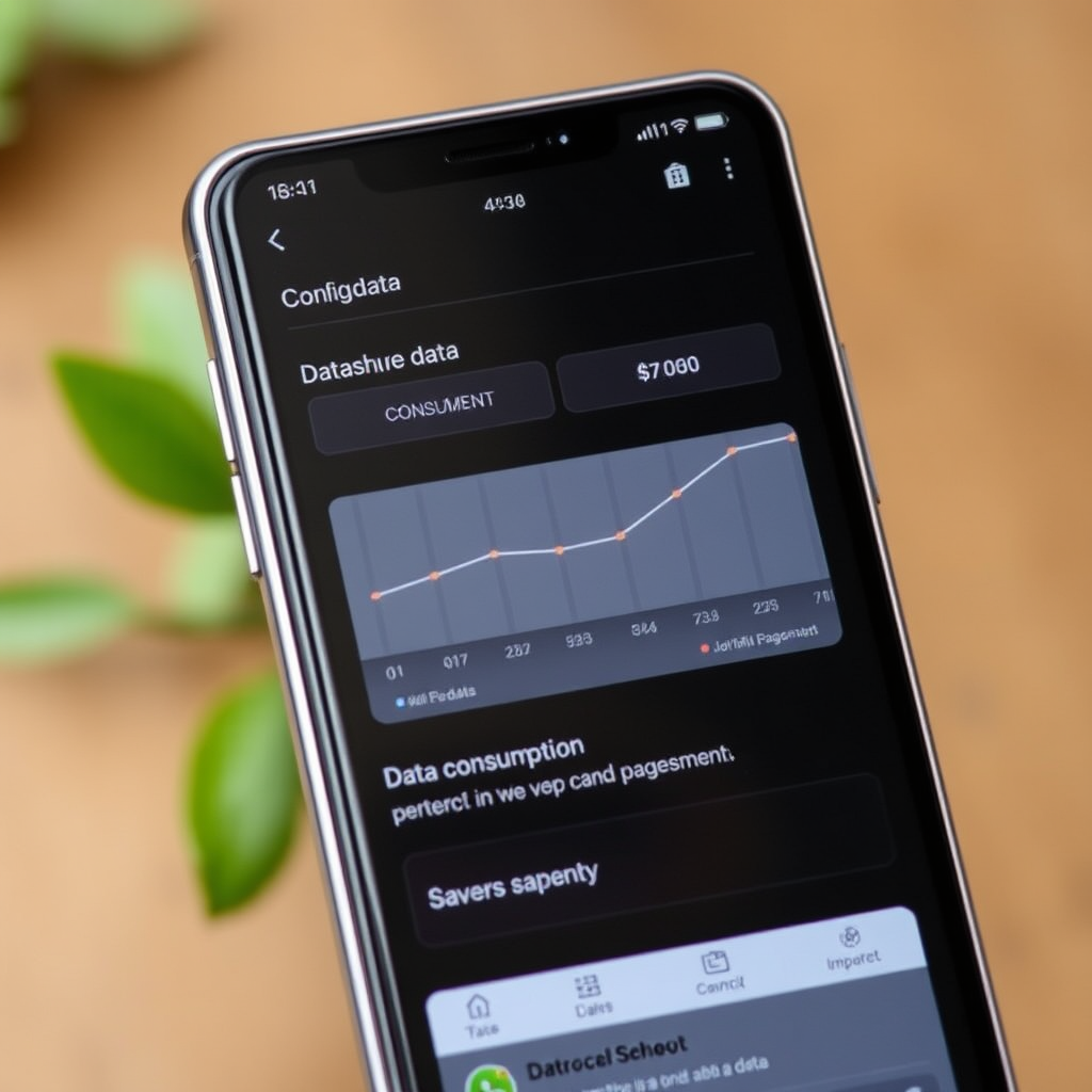Interfaz móvil mostrando configuración de datos con gráficos de consumo y opciones de ahorro