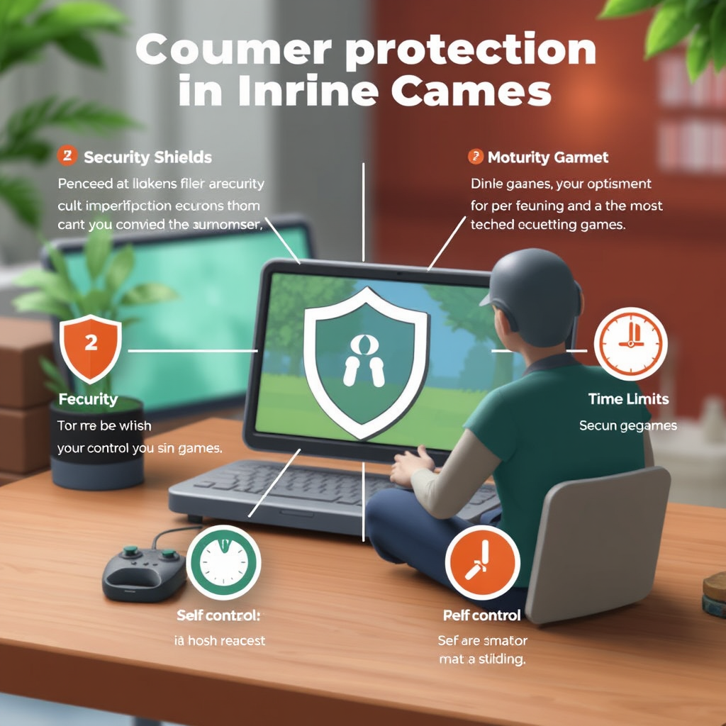 Infografía sobre medidas de protección del consumidor en juegos online mostrando escudos de seguridad, límites de tiempo y herramientas de autocontrol