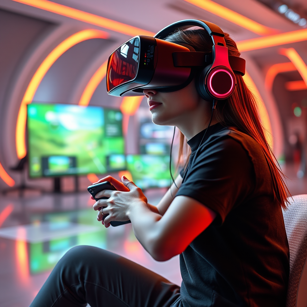 Imagen futurista de tendencias en juegos online mostrando realidad virtual, juegos móviles, gaming digital avanzado y tecnología de entretenimiento moderna en España