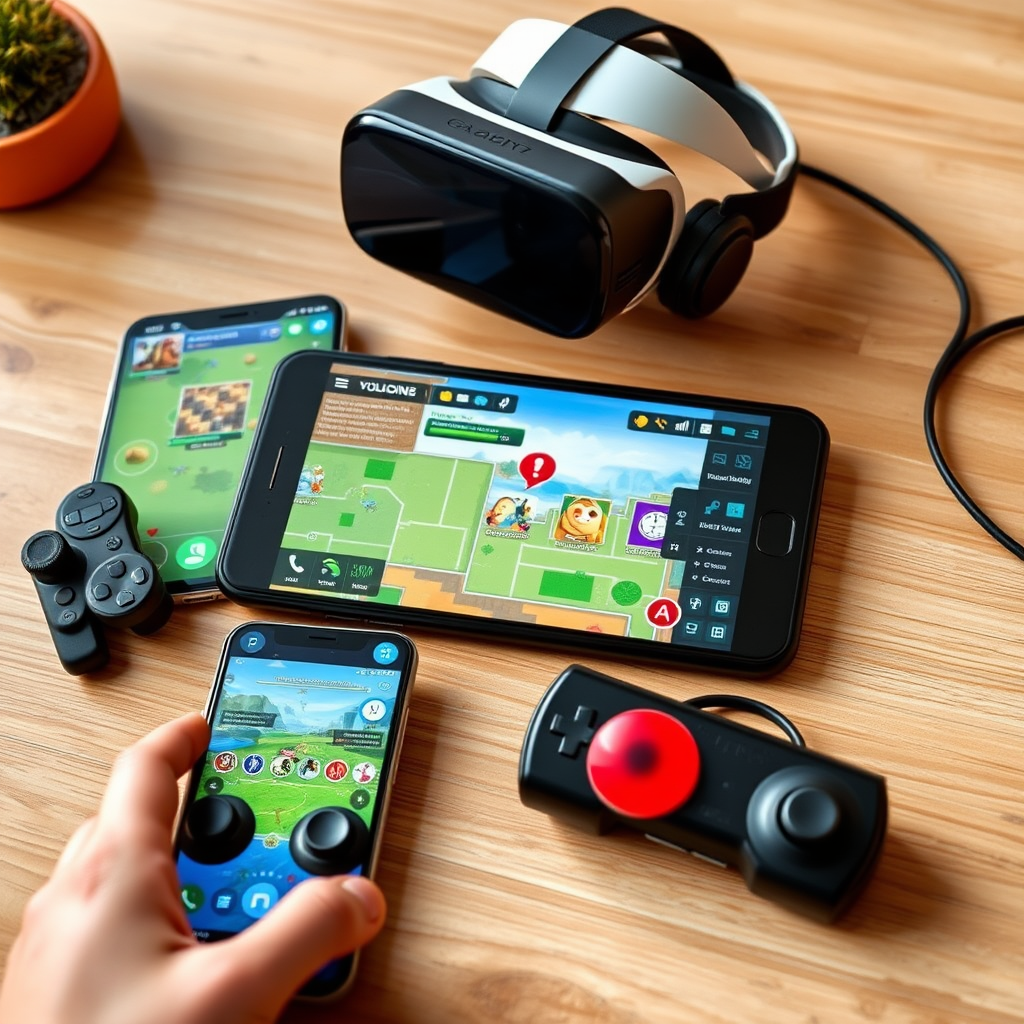 Imagen representativa de las tendencias en juegos online en España mostrando dispositivos móviles con juegos, gafas de realidad virtual y interfaces de gaming modernas