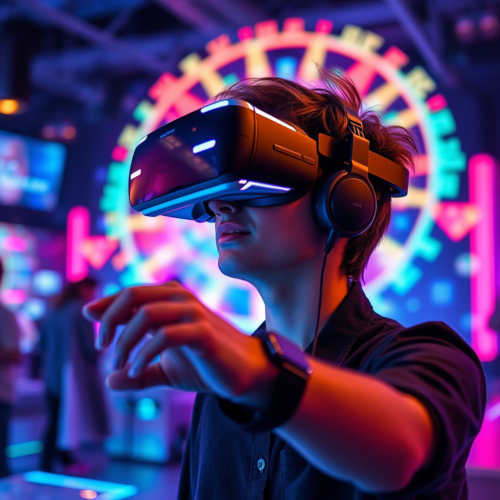 Persona usando gafas de realidad virtual jugando en una plataforma de entretenimiento digital con efectos visuales coloridos y futuristas en el fondo