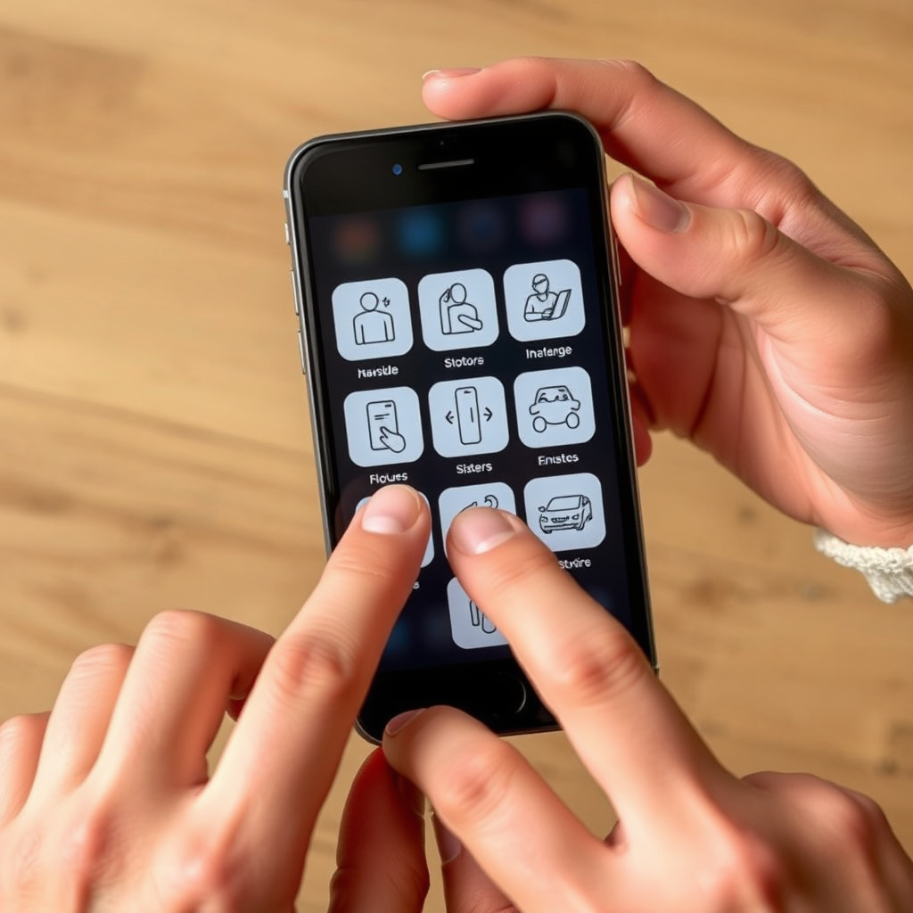 Manos usando gestos táctiles en smartphone con iconos de diferentes movimientos y funciones de navegación