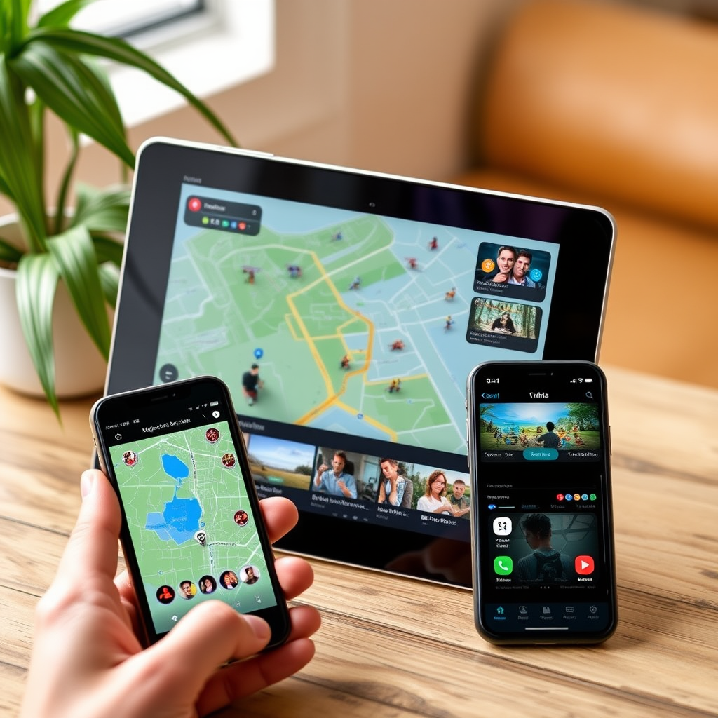 Imagen de navegación móvil optimizada para entretenimiento digital mostrando smartphones y tablets con interfaces de juegos y aplicaciones de ocio digital bien configuradas