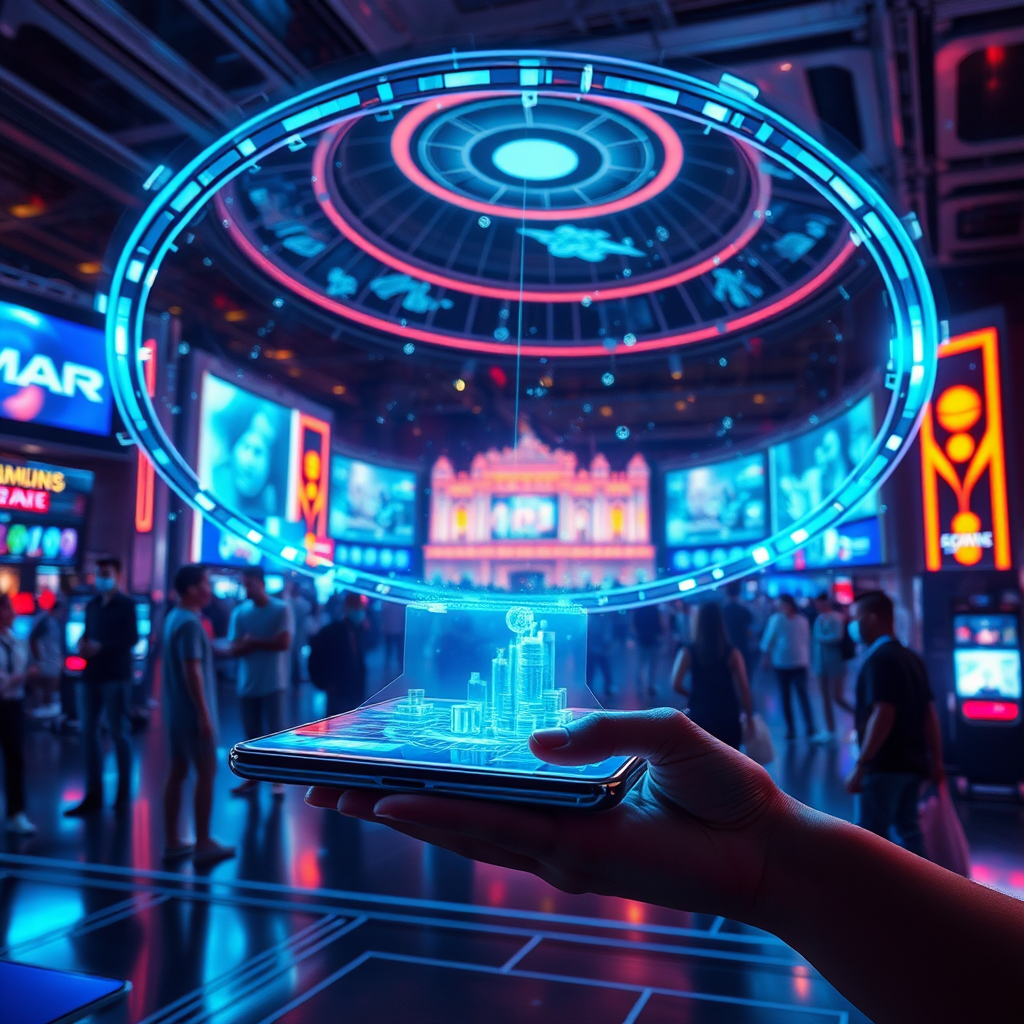 Representación futurista del entretenimiento digital en España con hologramas, interfaces táctiles avanzadas y tecnología blockchain integrada en dispositivos móviles