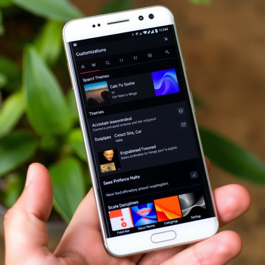 Pantalla de smartphone mostrando opciones de personalización con diferentes temas, configuraciones y preferencias de usuario